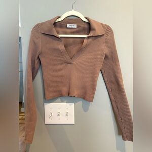 Tan Ribbed Long Sleeve Cropped Top
